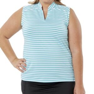 New Fairways Golf Top Size XL Sleeveless Split Collar Teal/White Stripe Deluxdri